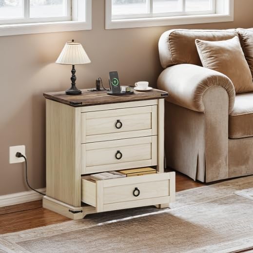 DWVO Nightstand with Charging Station, Tall Nightstand with 3 Drawers, Large Side Tables Bedroom, Farmhouse Bedside Table for Living Room, Sleeping Room, Off White