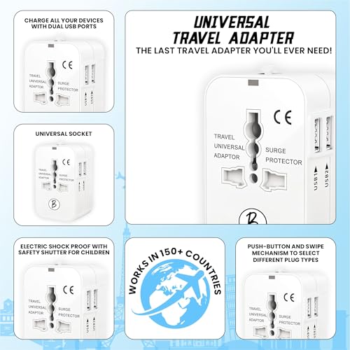 Image of Btag Universal Travel Adapter All-in-One Worldwide Plug Adapter, International with Dual USB Ports (2U - 1A), Multi-Country Power Outlet, Compact Adapter (100-240V)(White)