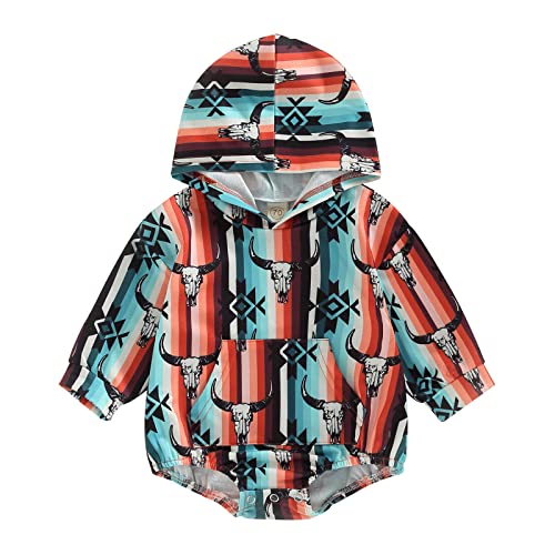 Image of Endorothii Baby Boy Girl Fall Winter Clothes Cow Print Hooded Sweatshirt Romper Long Sleeve Bodysuit Shirt Western Outfit (Rainbow, 0-6 Months)
