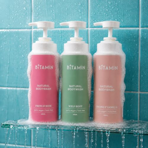 Image of BITAMIN Natural Moisturising Body Wash | Enriched with Vitamin E, Ceramides, Squalene & Avocado Oil | Sulphate & Parabens Free | French Rose, Wild Root & Vanilla Coconut | For Men & Women | 3x400ml