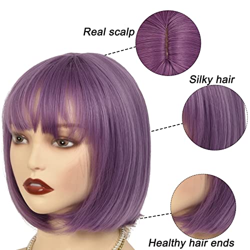 12 Inch Short Bob Wigs with Bangs, Straight Bob Wigs for Women, Synthetic Short Bob Wigs Heat Resistant Fiber Wigs for Daily Party Cosplay (Purple)