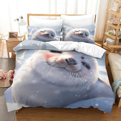 Linge de lit animal phoque 3D et ensemble de literie microfibre King 220x240cm doux - 3