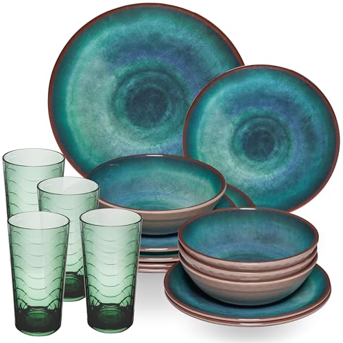 Jesolo Service de table en mélamine vert pour 4 personnes – 16 pièces – Verre 260 ml vert – Aspect grès – Passe au lave-vaisselle – Vaisselle de...