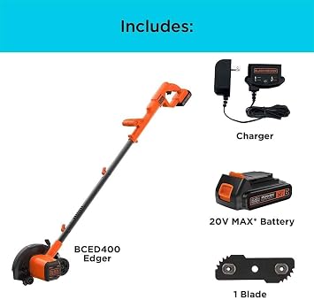 BLACK+DECKER 20V MAX Cordless Edger Lawn Kit, 1.5 Ah Battery & Charger Included, 4 Position Adjustable Height, Lightweight, 7.5 Double Edge Blade (BCED400C1)