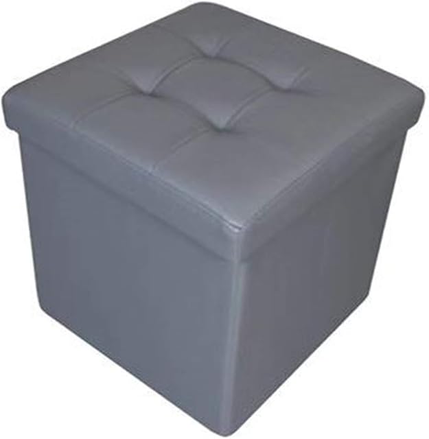 HomeHarmony® Quilted Top Folding Storage Ottoman Seat, Stool, Toy Storage Box Faux Leather (Silver, Medium)