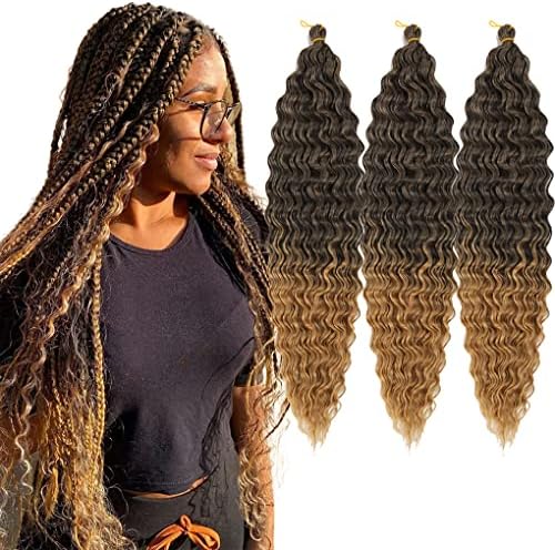 24inch Ocean Wave Braiding Hair Extensions 3packs Long Deep Curly Wave Braid Hair Synthetic Twist Ripple Crochet Deep Wave Braids Hair for Women 100g/pack(24",Black mix Light brown)