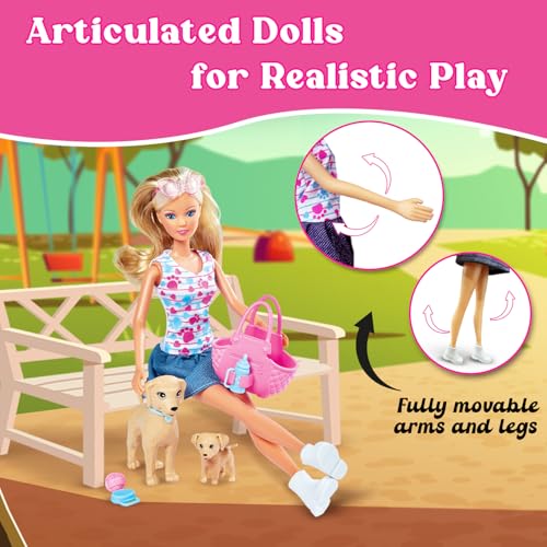 Image of Steffi Love Puppy Walk| Engaging Pretend Play Set with Steffi, One Mommy Dog & One Puppy| Complete Doll Set with 13+ Accessories| Ideal Gift for Birthdays, Christmas for Girls of Age 3+