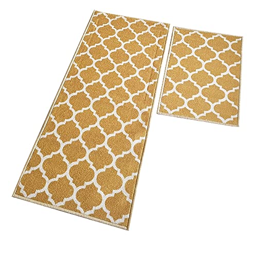 Image of Matz&More Anti Slip Kitchen Runner & Doormat Combo (50x120cm + 40x60cm), Nylon Tufted Floor Mat with Rubber Backing, Carpet for Kitchen, Hallway, Entrance & Bedside, Trellis Yellow Beige