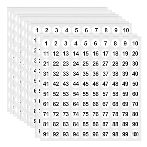 VELSIN 10 Sheets Number Stickers - Small Self Adhesive Stickers Numbering 1-100 Round Labels for Sorting Organizing Office School Supplies Storage Boxes