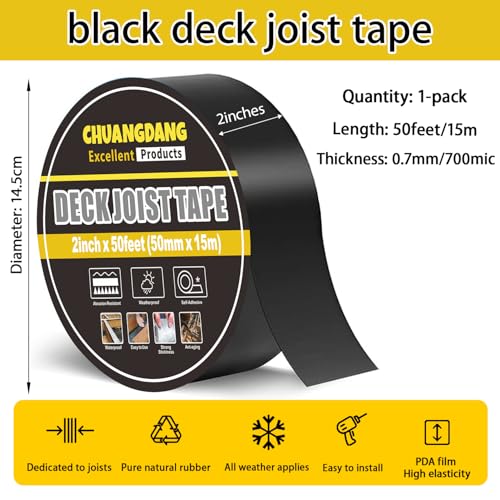Image of Black Decking Tape for Beam,2inx50ft,1-Pack,Black Joist Deck Tapes,Deck Tape Joist,decking,Roofs Beams,RV,Doors,and Fences,Anti-Corrosion,Weather-Resistant