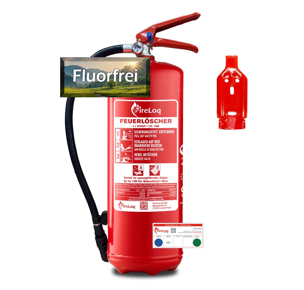 6L fluorfrei Schaum Feuerlöscher für Brandklasse AB mit 21A | 144B ergibt 6LE Dauerdruck inkl. Prüfnachweis,Wandhalter und Manometer
