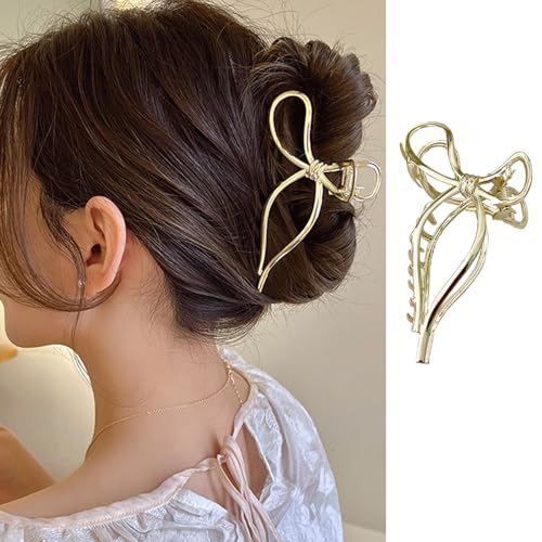 FRUZJAY Hair Clip, Large Gold Metal Bowknot Claw Clip, Non-Slip Strong Hold Hair Jaw Clip for Women Girls, Hair Decoration