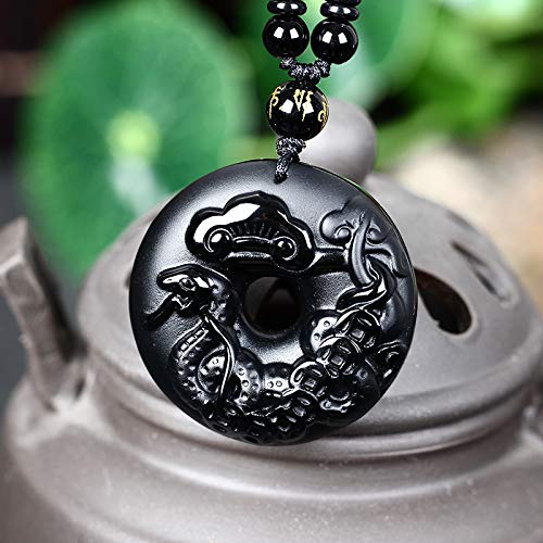Collier perles obsidienne noire amulette serpent, le cadeau idéal