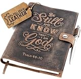 moonster Refillable Psalm 46:10 Bible Verse Embossed Journals with Pen – Milled A5 Leather Journal Lined Paper - Journals for Women Notebook with Pen Holder - 320 Pages