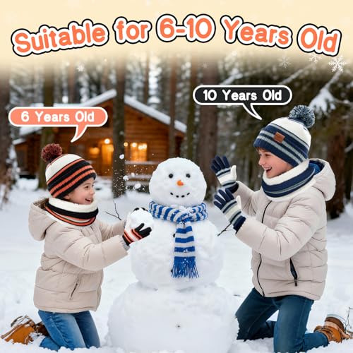 Image of Kids Winter Hat Gloves Scarf Set: Girls Boys Beanie Fleece Lined Ages 6-10 | Kids Beanie Hats Gloves Neck Warmer Knit Set, with Thick Warm Fleece Lining, for Child Gift, Cold Weather Ski, Snow