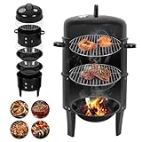 Peviasot 3 in 1 Smoker Räucherofen, Smoker Grill für Räuchern, Grillen & Kochen, Holzkohle Räuchergrill mit Thermometer, Deckel & Griff, 2 Ebenen Ø40×80 cm, BBQ Smoker für Garten, Balkon & Camping