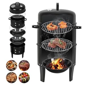 Peviasot 3 in 1 Smoker Räucherofen, Smoker Grill für Räuchern, Grillen & Kochen, Holzkohle Räuchergrill mit Thermometer, Deckel & Griff, 2 Ebenen Ø40×80 cm, BBQ Smoker für Garten, Balkon & Camping