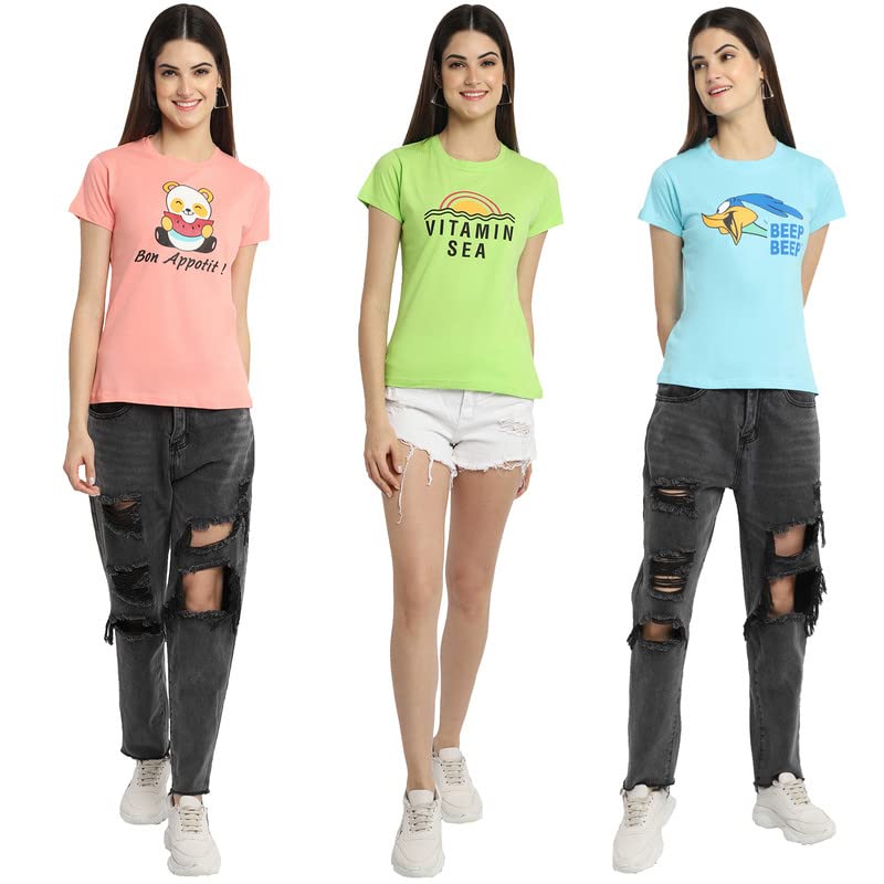 Image of Preneum Women's Cotton Regular Fit Graphic Stylish Printed Short Sleeves Casual T-Shirt || Trend Styles & Style (Pack 3)