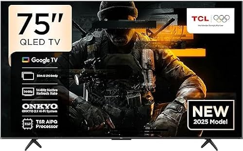 شاشة 75P8K بدقة 4K وتردد 144 هرتز QLED اونكيو 2.1 مع دولبي اتموس وجوجل TV مع دولبي فيجن وتقنية HDR 10+ للألعاب من تي سي ال