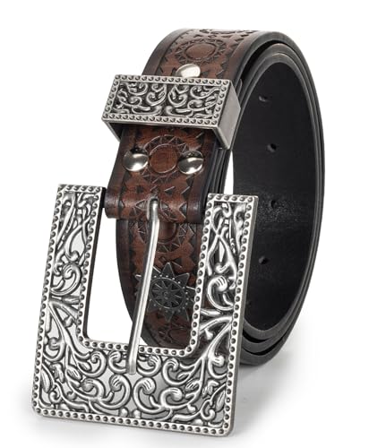 Image of Western-Leather-Belts-Women Vintage Waist-Belts with Hollow Out Flower