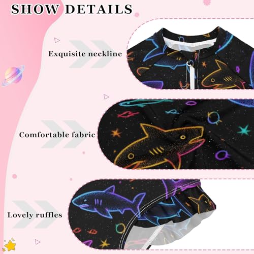 ALAZA Shark Neon Black Girls One Piece Swimsuit Long Sleeve Rash Guard Swimsuits UV 50+ Swimwear Zipper4