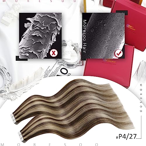 Moresoo Tape in Hair Extensions Human Hair 18 Inch Brown Highlights Caramel Blonde Tape in Human Hair Extensions Remy Hair Straight 20 Pieces/50g #P4/27 - Image 2