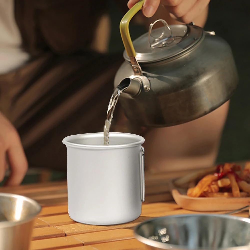 Outdoor Mug, 300 ml Outdoor Camping Mug with Foldable Handle, Double-Walled Stainless Steel Cup, Lightweight Aluminium Alloy Backpacking Travel Mug, Leak-proof Design, Silver