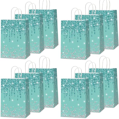 12Pcs Teal and Silver Gift Bags Glitter Diamond Goodie Bag Happy Birthday Treat Bag Blue Turquoise Candy Bags Supplies for Wedding Bridal Baby Shower Holiday Party Favors Decorations 4.7*3.15*8inch