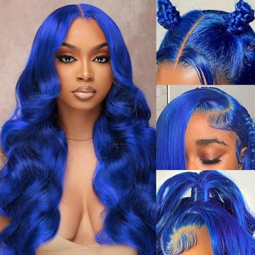 Image of 32 Inch Drak Blue Lace Front Wigs Human Hair 13x4 HD Transparent Body Wave Lace Front Human Hair Wig Pre Plucked Colored Blue Glueless Lace Frontal Wigs for Women
