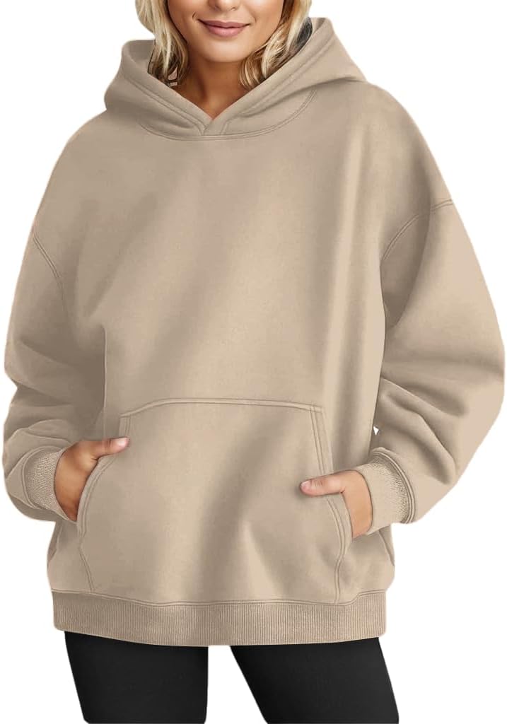 Women's Long Sleeve Oversized Pullover Solid Color Hoodie Fall Winter Sweatshirt with Pocket