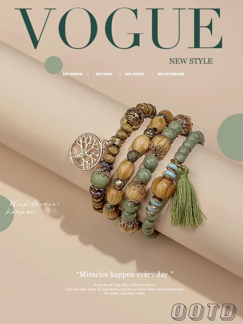 YDYDTTKD Bracciale con Perline Boho, Braccialetto con Nappe con Perline di Legno Multistrato, Set di Gioielli Elastici da Viaggio, Souvenir, Regali di Gioielli in Stile Bohémien (Verde Militare, Set