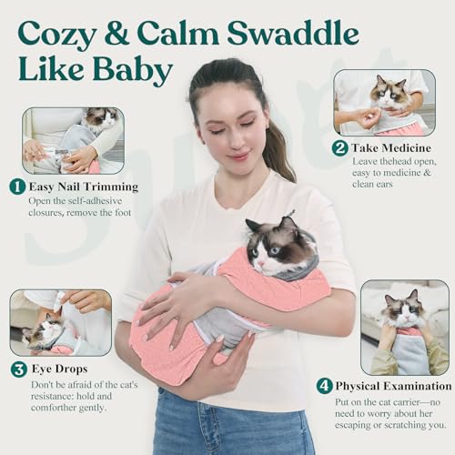 Image of Supet Cat Grooming Wrap for Cutting Nails, Self-Adhesive Calm Cat Swaddle | Bite-Proof Mesh Hood & Thick Waist Strap Anti-Escape Anti-Scratch Bag for Nail Trimming, Medication, Ear Cleaning (Pink S)