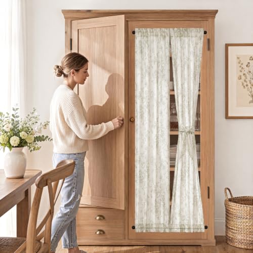 Image of jinchan Floral Sidelight Curtains for Front Door, 26x72, 2 Panels | 25% linen blend, green floral print, light filtering, rod pocket, tiebacks, washable, for front door sidelights
