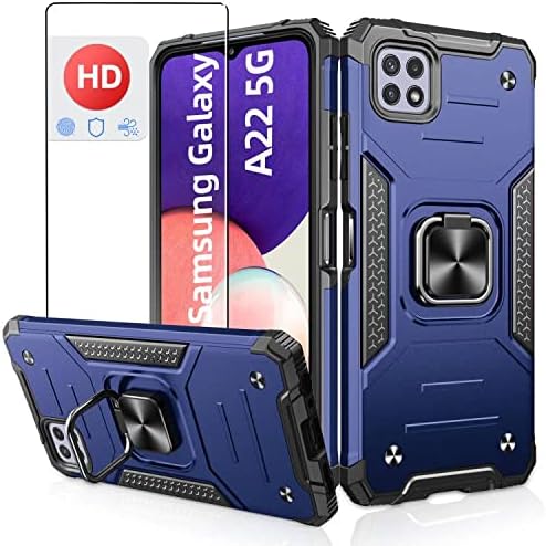 Jshru for Samsung A22 5G Case with Screen Protector,A22 5G 8FT Military Grade Anti-Scratch and Shockproof Cover,[Camera Protection] and Ring Kickstand Case for Samsung Galaxy A22 5G,Black