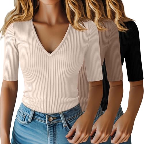 Riyiper Lot de 3 Hauts pour Femme à Manches mi-Longues Jusqu'au coude en Coton côtelé col en V Coupe ajustée(Noir, Moka, Abricot,M)