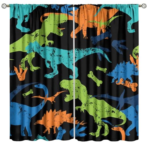 PHTAYOT Dinosaur Curtains, Colorful Cartoon Dinosaur Safari Wild Animals Blackout Drapes for Kids Boys Girl Baby Bedroom Living Room Nursery Window Decor 2 Panel Set 42