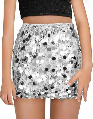 CharmWM Sequin Mini Skirt for Girls Sparkly Skirt Stretchy Bodycon Glitter Kids Dance Party Clothes Silver