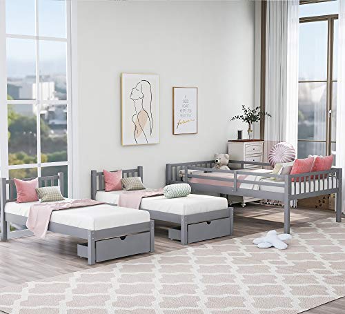 Wood Triple Bunk Bed, Durab Triple Beds Frame Triple Bunk Beds Full Over 2 Twin Bunk Bed With 3 Drawers Ladder And Guardrails, Bunk Bed For Family, Teens, No Box Spring Needed,Gray #TOP1