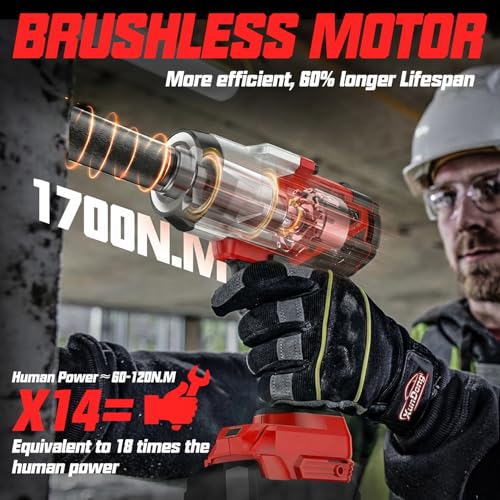 Image of Cordless 1 /2 inch Impact Wrench Compatibe with Milwaukee 18V Battery, 1250Ft-lbs(1700N.M) High Torque Impact Gun Heavy Duty, Brushless Electric Power Impact Driver with 4 Sockets&4 Speed Modes&LED Light