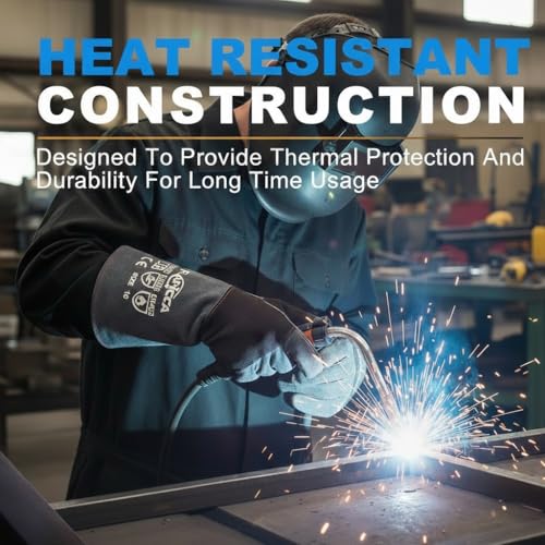 Fireplace Gloves Fire Heat Resistant: Dark-Grey 16IN 932℉ - Fireproof Leather for Fireplace Fire Pit Wood Stove Campfire Furnace BBQ Grill Oven Stick Mig Welding Welder Gear - Birthday Gift XL - Thumbnail 4