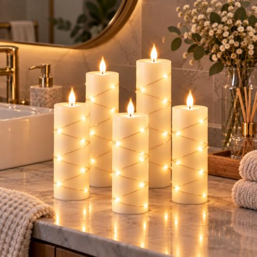 Da by 5 Stück Elfenbein Paraffin LED Kerzen mit Feenlichtkette, Realistische Flackerflamme, Batteriebetriebene Kerzen mit Fernbedienung… – Ansicht 3