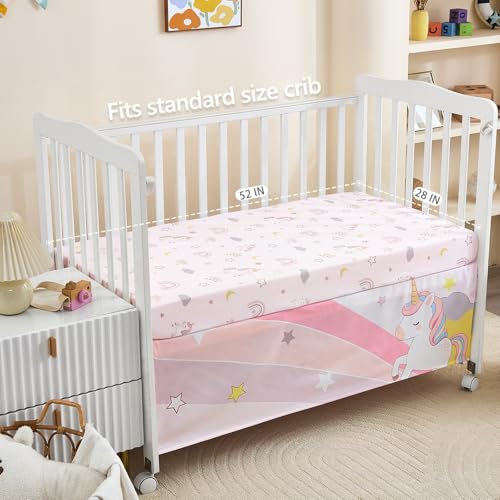 Image of 3-Piece Crib Bedding Set for Girls - Ultra Soft Baby Bedding Set Includes Crib Comforter, Sheet & Skirt (Unicorn)