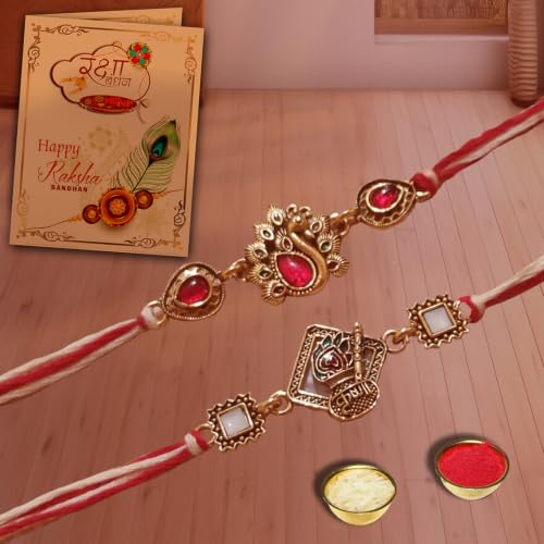 Image of Rakhi For Brother | Elegant Kundan Gold Plated Metal Rakhis For Brother Bhai Rakhi With Roli Chawal and Greeting Card (Set of 2 Rakhis)