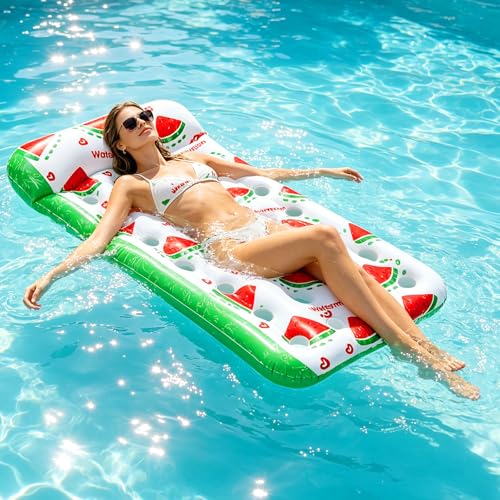 Luftmatratze Pool, Luftmatratze Wasser Erwachsene mit Wassermelonenmuster mit komfortabler Kopfstütze und Ablauflöchern, Wassermatratze für Poolpartys, Strandurlaub und Sommerfreizeit (Weiß)