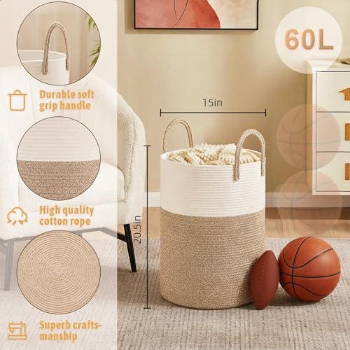 Image of Artfeel Laundry Basket,Woven Cotton Rope Laundry Hamper,60L for Decor Storage of Dirty Clothes,Toys and Blankets in Bathroom,Baby Room and Living Room
