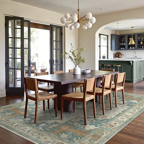 GENIMO 8x10 Area Rugs for Living Room, Machine Washable Non Slip Vintage Rugs, Low Pile Lightweight Chenille Print Rug for Bedroom, Dining Room, Home Office,Ash Blue