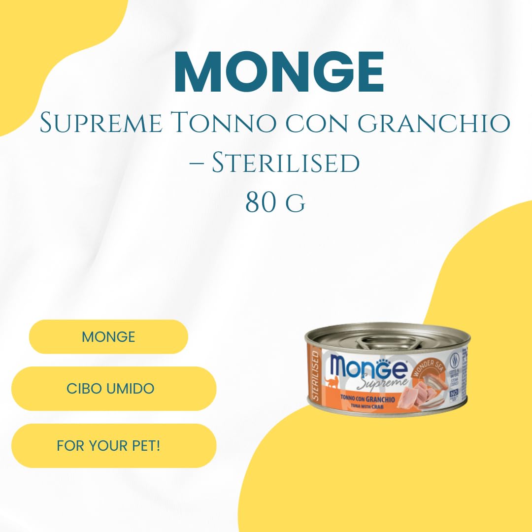 MONGE Gatto Umido Tonno con Granchio – Sterilised | alimento umido bilanciato per gatti adulti sterilizzati, senza conservanti e coloranti, Made in Italy, 12 scatolette da 80 grammi.