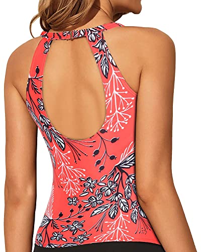 image for Tempt Me Red Flower High Neck Tankini Top Backless Bathing Suit Tops f