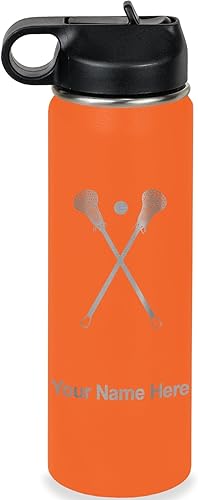Vista 126 de LaserGram Botella de agua personalizada, palitos de lacrosse, acero inoxidable de doble pared aislada al vacío con popote superior, regalo grabado