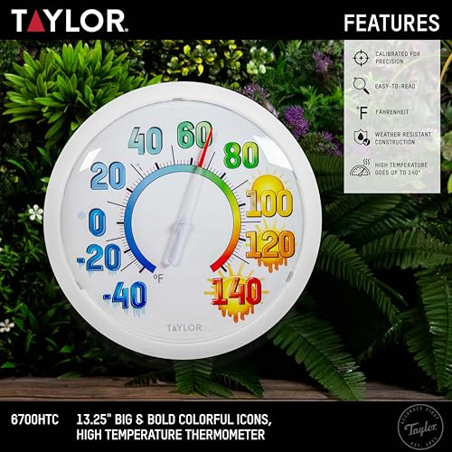 Image of Taylor Colorful Icons Big and Bold Wall High Temperature Thermometer Indoor Outdoor Wireless Easy Read Large Numbers for Patio Pool Indoor Use, Weather Resistant 13.25 Inch Modern Home Decor, White